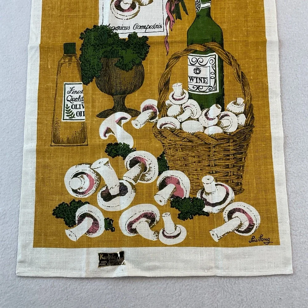Kay Dee Handprints Linen‎ Kitchen Towel Mushrooms Lois Long Wine Basket VTG NEW